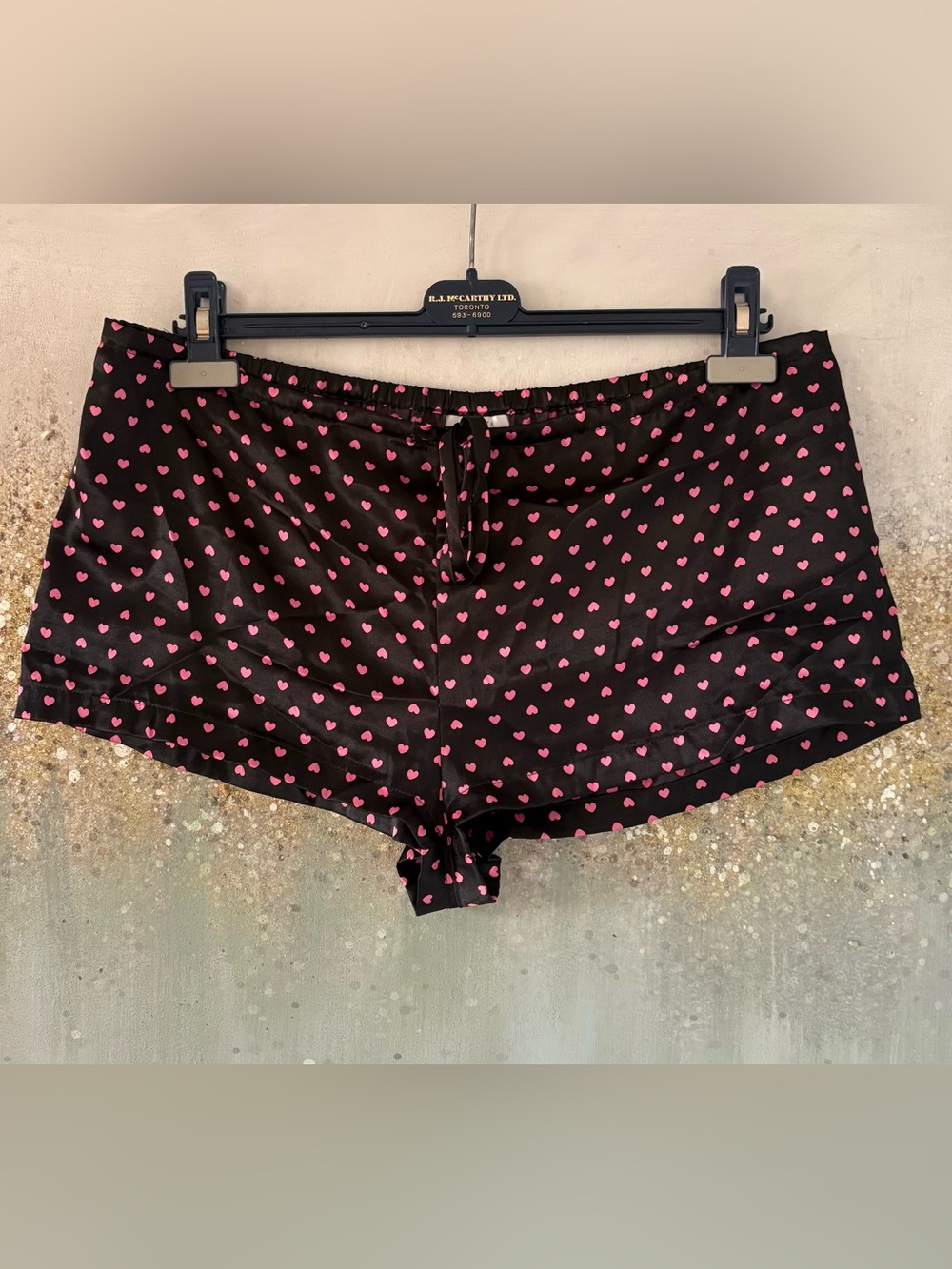 La SENZA Black Satin Sleep Shorts with Small Pink Heart Print (NWOT)